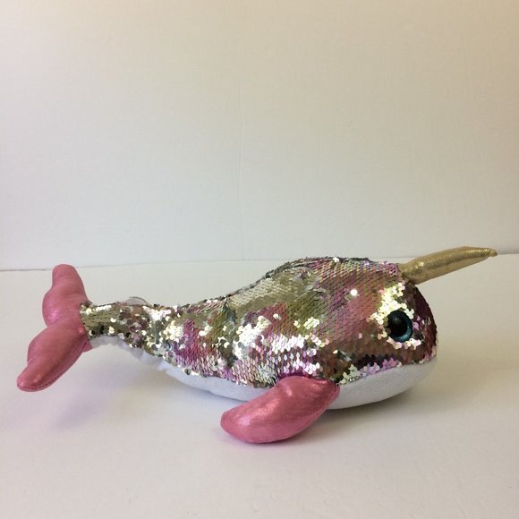 Toy Factory Narwhal Plush Sequin Reversible Stuffed Animal Pink Silver 16" - Picture 5 of 9